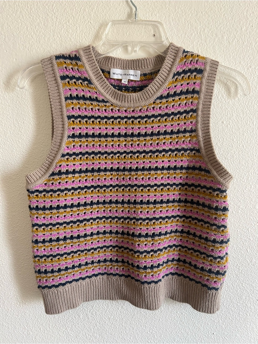 White + Warren Taupe Knit Sweater Vest - Pink & Yellow & Blue Stripe
